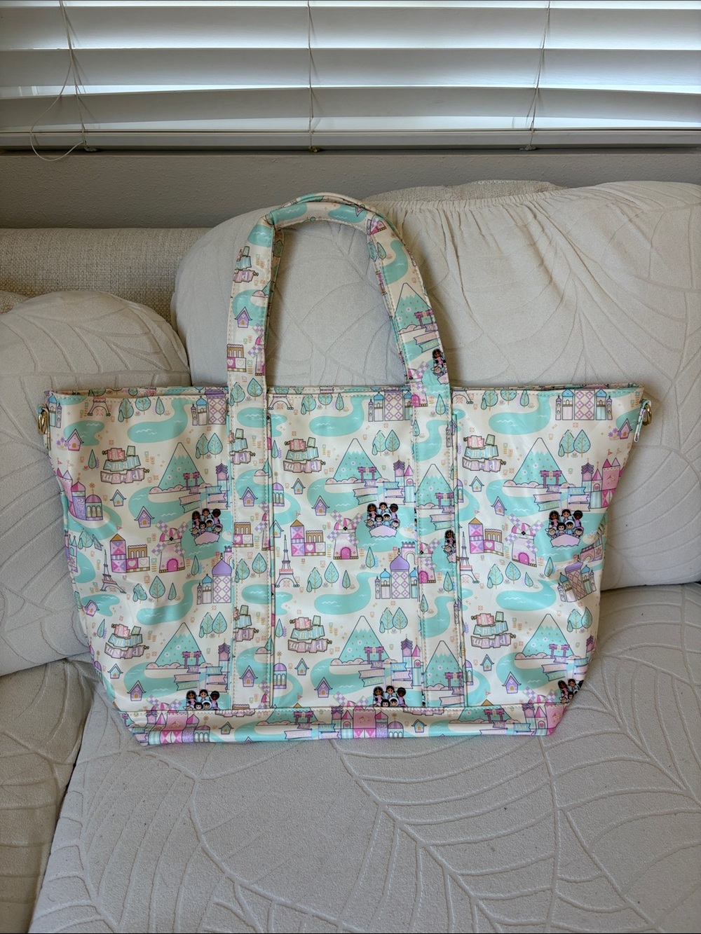 Pastel Village Print Tote Bag - Mint Pink